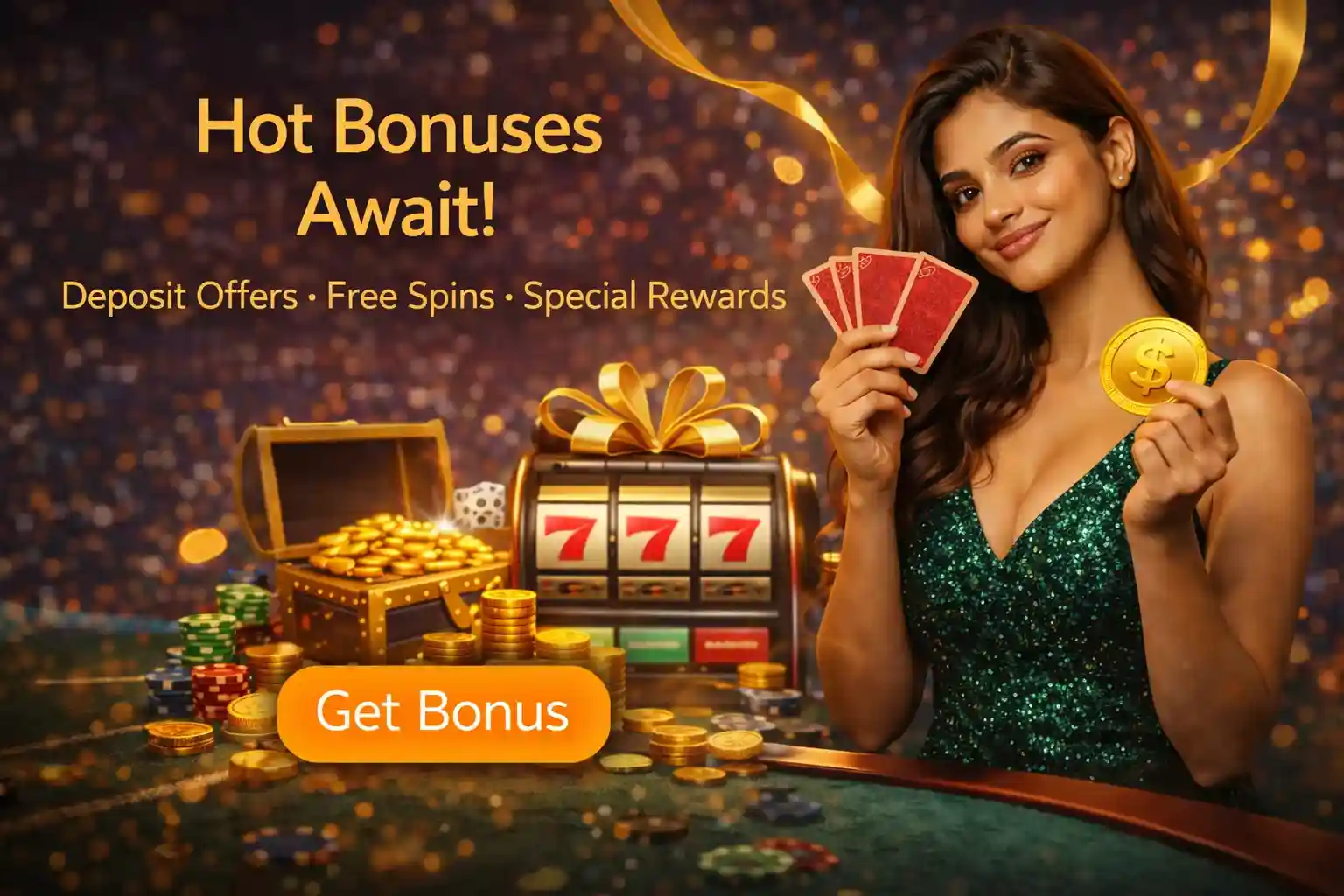 Online casino welcome banner with free spins, coins, and bonus offer in Bangladesh