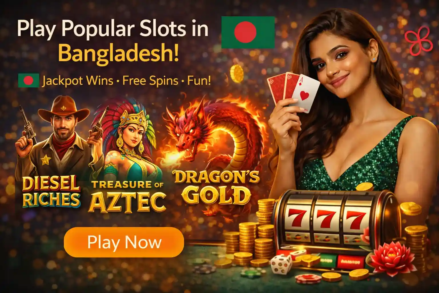 Woman holding cards with slot machine and casino promotion for Bangladesh players